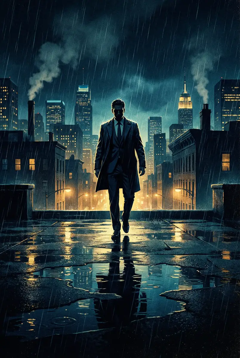 波多野结衣 解禁 出品影片《雨夜独行者》海报，雨中城市屋顶男性剪影